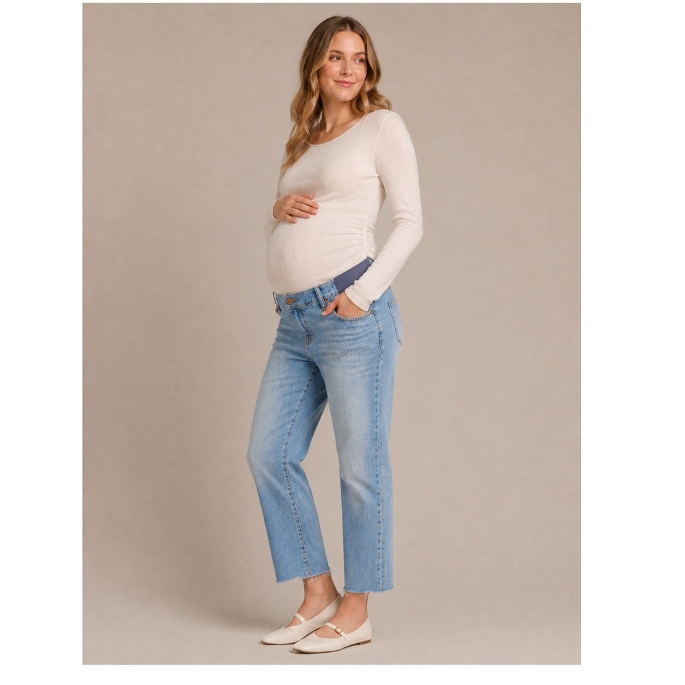 HATCH Maternity The Boyfriend Jean Light Wash Frayed Hem Side Panel Jeans- 26
